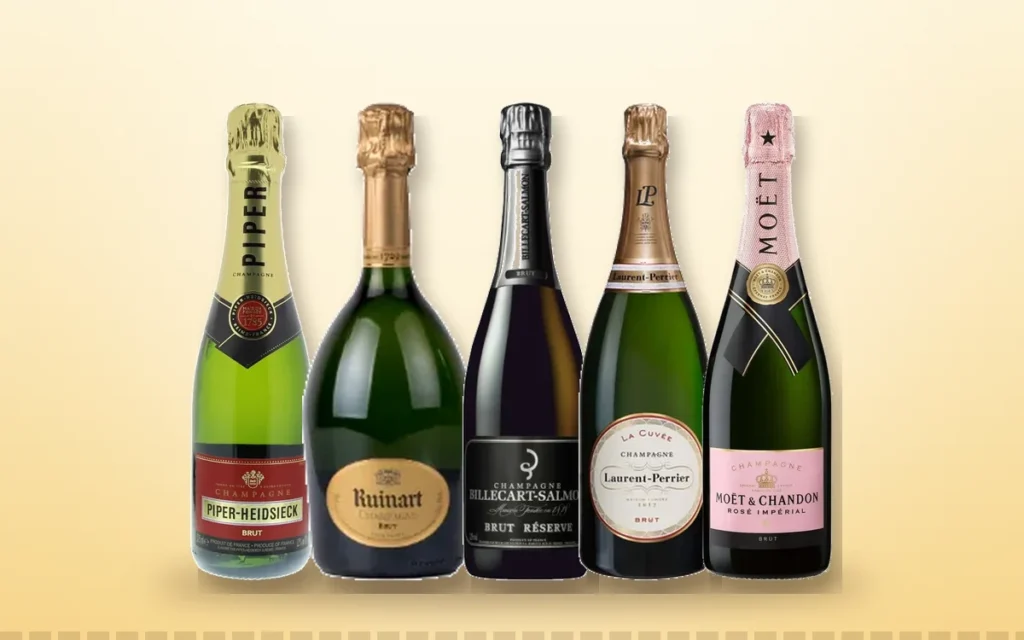 Bouteilles de champagne Piper-Heidsieck, Ruinart, Billecart-Salmon, Laurent-Perrier et Moët & Chandon Rosé