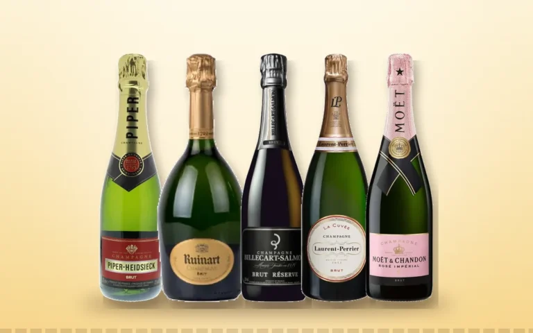 Bouteilles de champagne Piper-Heidsieck, Ruinart, Billecart-Salmon, Laurent-Perrier et Moët & Chandon Rosé